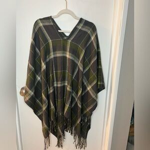 Green Plaid Fringe Poncho